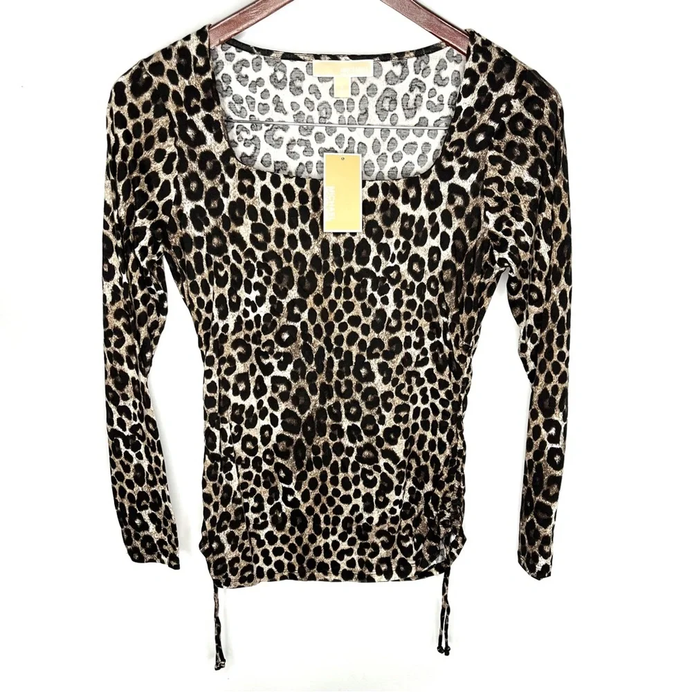 NWT Michael Michael Kors Leopard Animal Print Square Neck Long Sleeve Top Small - Picture 1 of 13